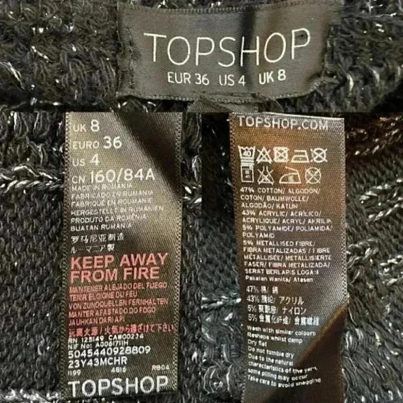 Topshop Oversized Sweater Cable Knit V Neck Tunic Black Silver Metallic Small 4 - Picture 11 of 15